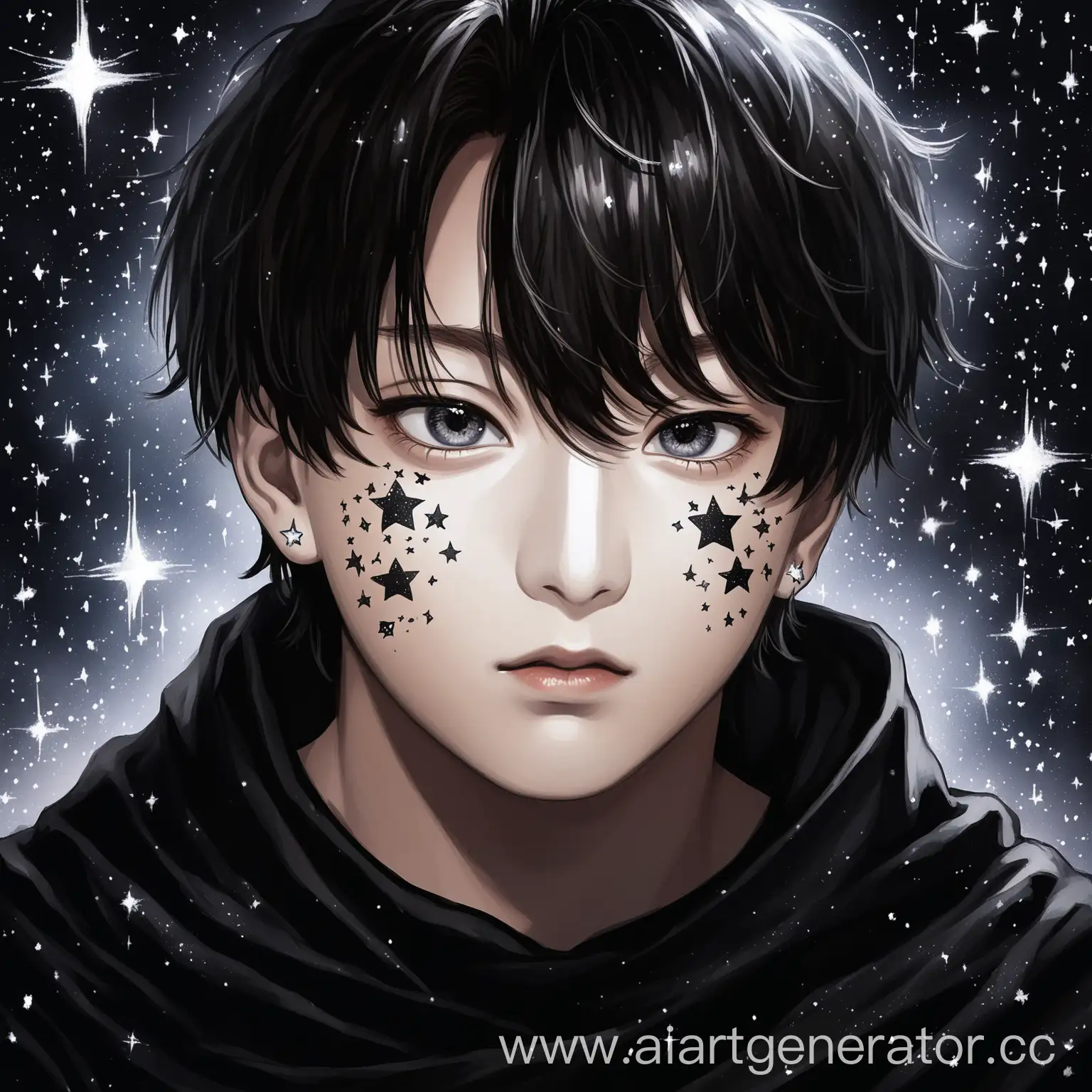 art drawn drawing of jungkook from BTS, facial features of jungkook. jungkook has stars painted on his face on his cheek, wears a black cloak, his eyes sparkle, atmospheric art