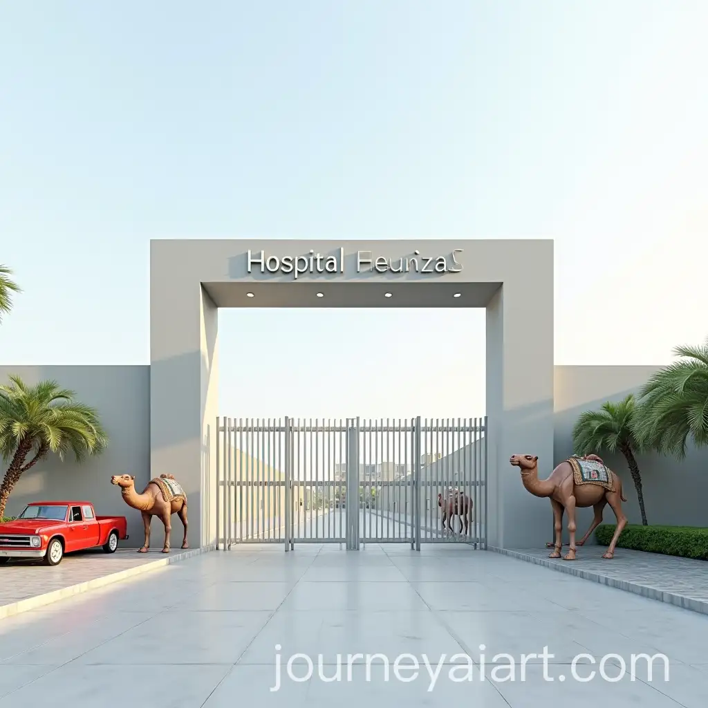 Modern-Hospital-Gate-with-Camel-Sculptures-and-Classic-GMC-Pickup