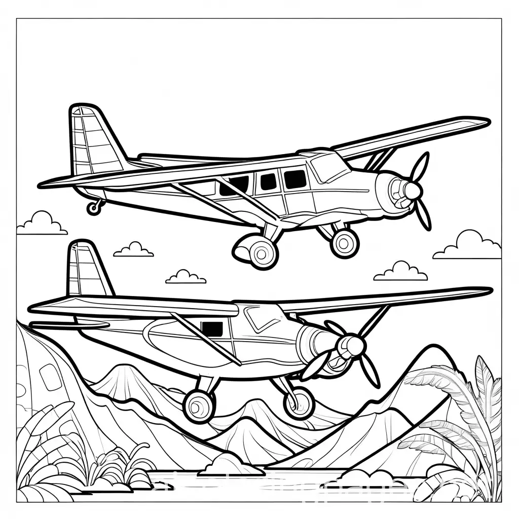 dinosaurs piloting an airplane, cartoon, Coloring Page, black and white, line art, white background, Simplicity, Ample White Space. The background of the coloring page is plain white to make it easy for young children to color within the lines. The outlines of all the subjects are easy to distinguish, making it simple for kids to color without too much difficulty