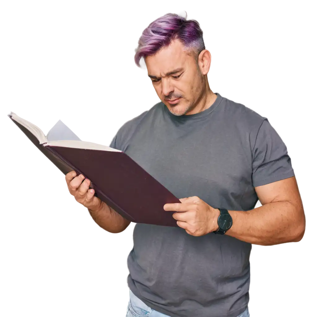 Discover-a-Unique-PNG-Image-of-a-45YearOld-Muscular-Man-with-Purple-Hair-Engrossed-in-a-Book-of-Birthdays