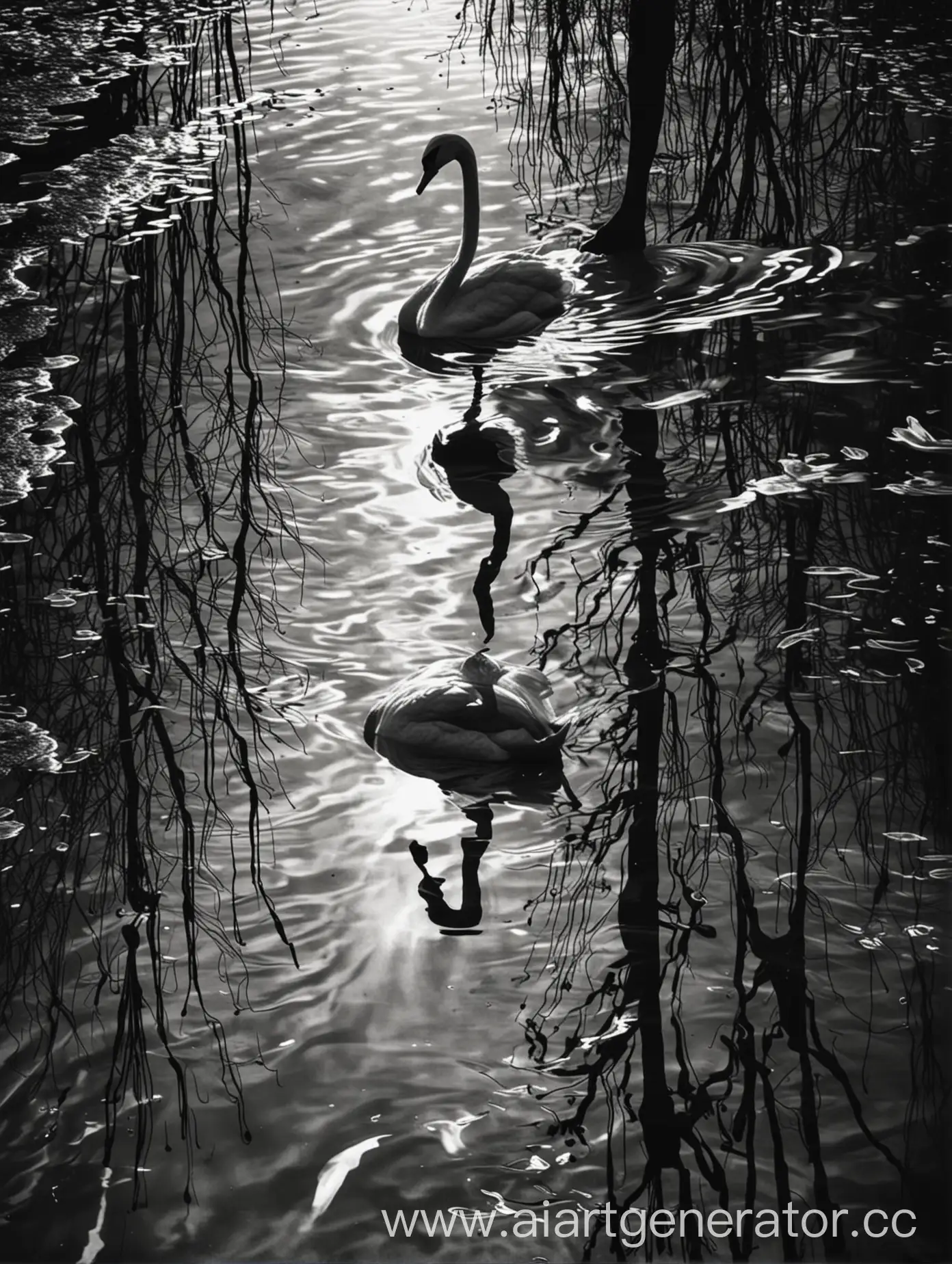 Shadow of a man mirrors in a water, reflection is a swan, ink picture style