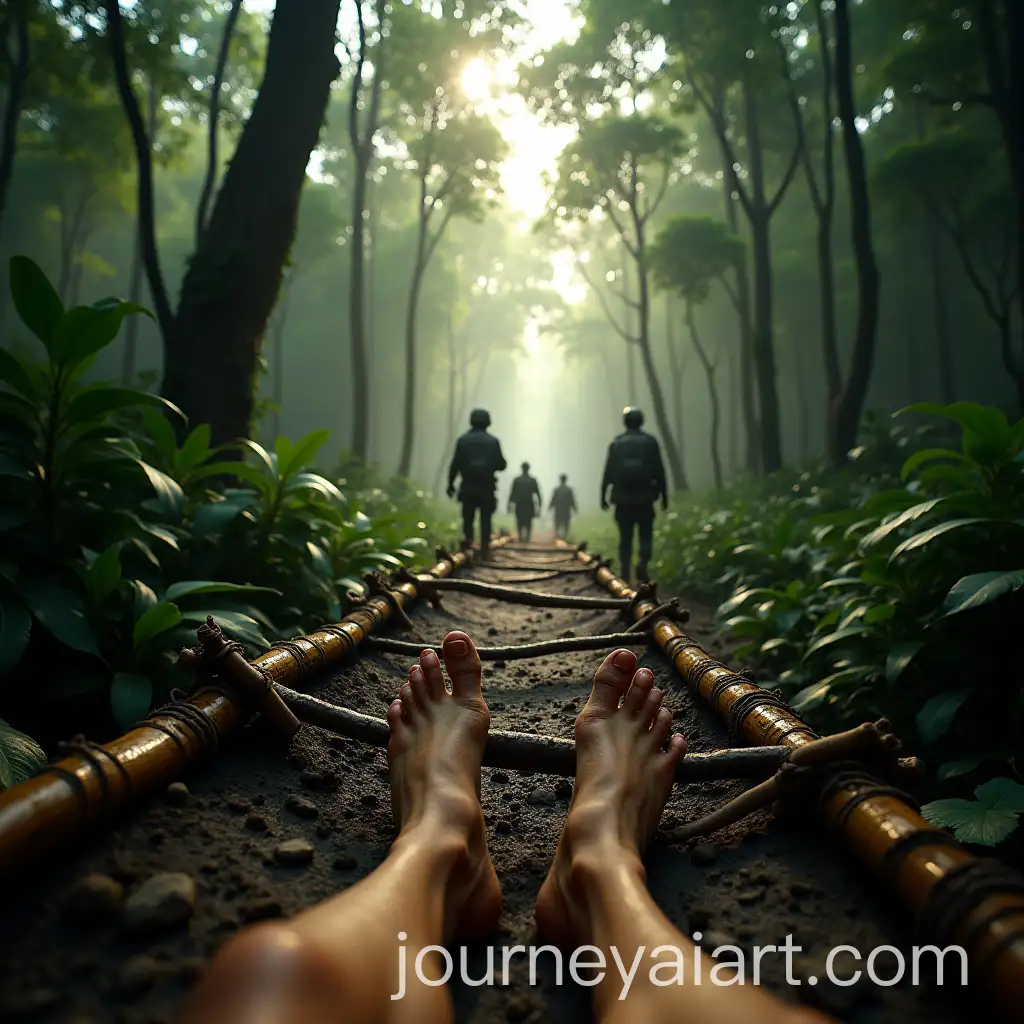 Point-of-View-Shot-of-Muddy-Bare-Feet-on-Bamboo-Stretcher-in-Dense-Jungle-with-Armed-Escorts