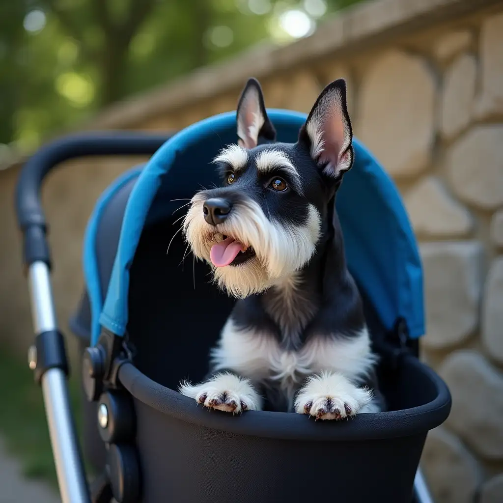 A highly detailed and ultra-realistic image of a small Schnauzer sitting comfortably in an attached baby stroller. The Schnauzer has a distinctive black and white coat, with well-groomed fur and expressive eyebrows that enhance its intelligent look. Its large, pointy ears stand erect, adding to its alert demeanor. The dog's head is turned to the right, and its gaze is directed forward, attentively observing something in the distance. Its mouth is slightly open, revealing a small pink tongue, giving it a curious yet relaxed expression. The baby stroller is predominantly black with blue accents, featuring a sturdy frame, mesh side panels, and a cushioned interior. The scene takes place in a park setting, with a stone wall in the background and a natural outdoor ambiance.