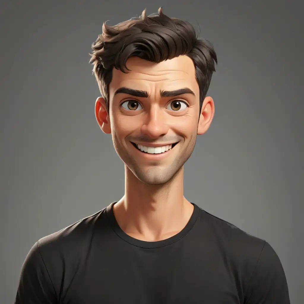 Cartoon-Handsome-Man-in-Black-TShirt-with-Short-Hair-Smiling