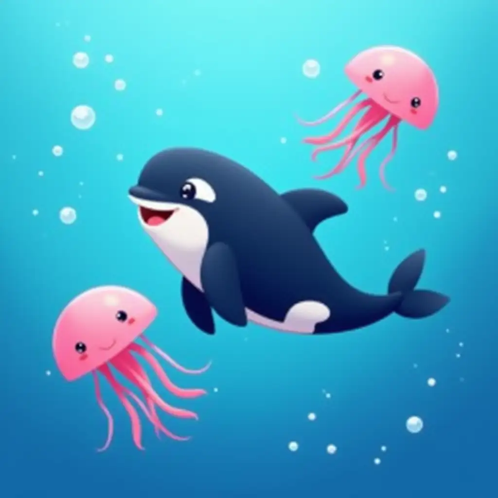 happy baby orca swimming, three pink jelly fish, ocean blue background