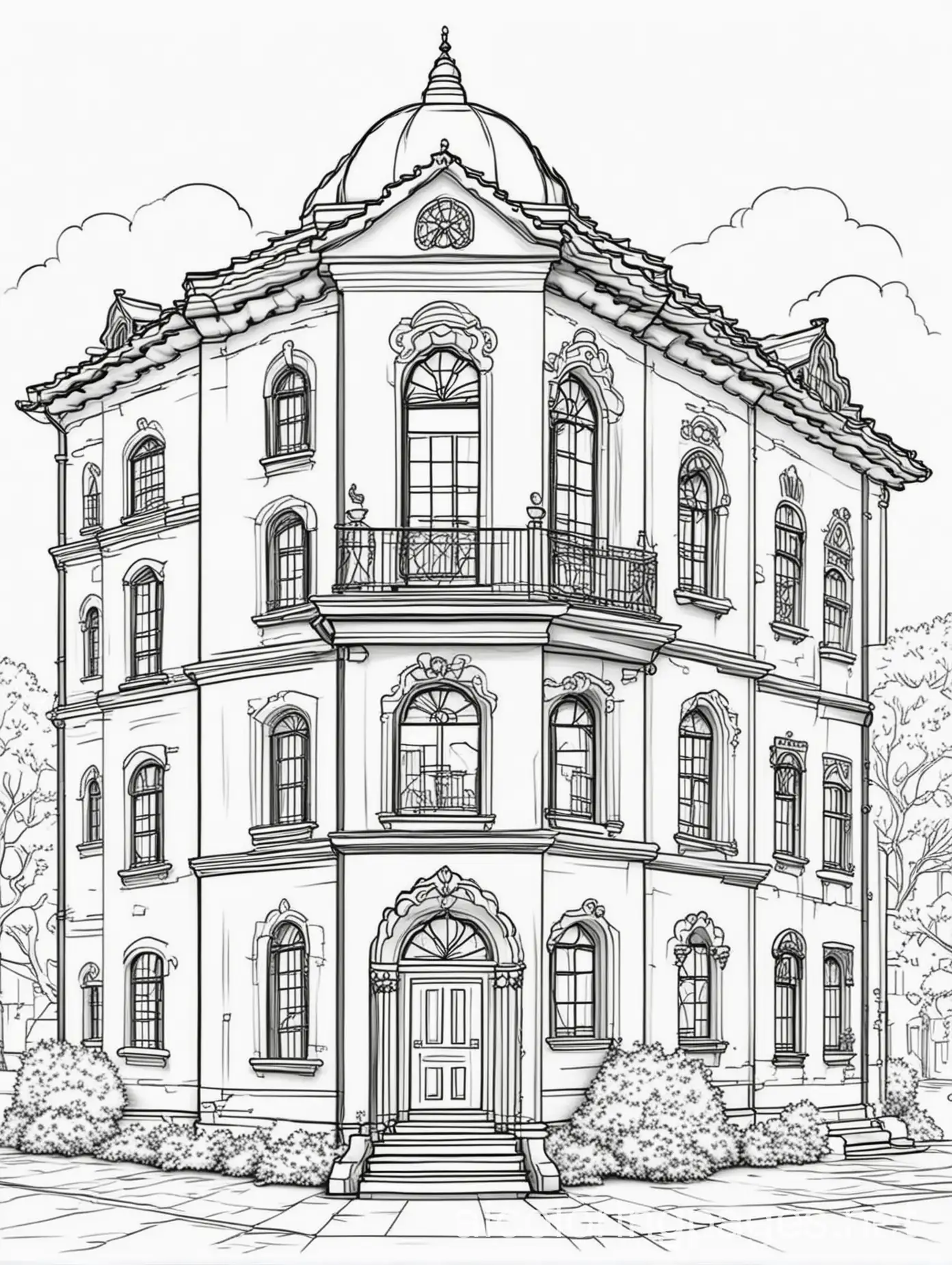 beautiful building, Coloring Page, black and white, line art, white background, Simplicity, Ample White Space. The background of the coloring page is plain white to make it easy for young children to color within the lines. The outlines of all the subjects are easy to distinguish, making it simple for kids to color without too much difficulty