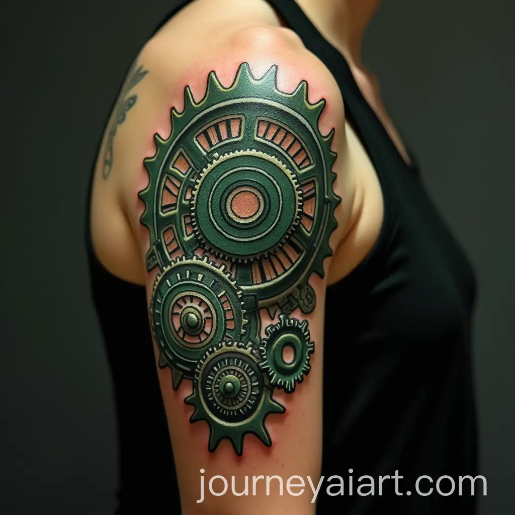 Art-Deco-Arm-Tattoo-with-Green-Tinged-Cogs-and-Pistons
