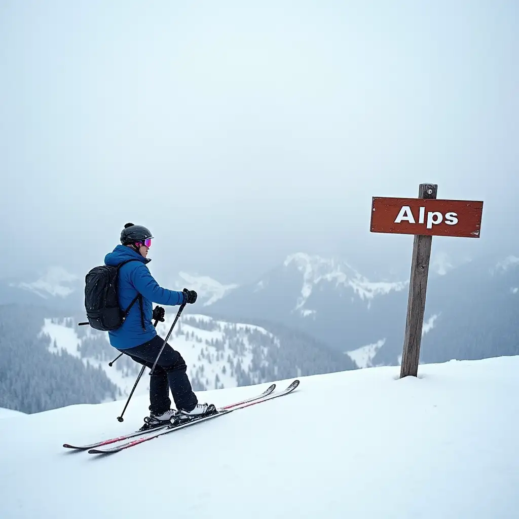 A person is skiing on a mountain, with a signpost next to them that has the word 'Alps' printed on it