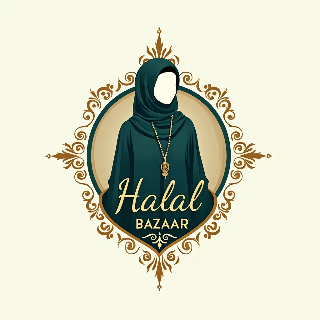 Create an elegant and stylish logo for 'Halal Bazaar', a marketplace offering Islamic clothing and accessories. The logo should feature elements such as a modest dress, hijab, or elegant accessories, combined with subtle Islamic symbols like geometric patterns or Arabic calligraphy. Use rich colors like gold, navy blue, and deep green to represent sophistication and cultural tradition. The design should reflect both modernity and tradition, appealing to those seeking stylish yet modest attire.