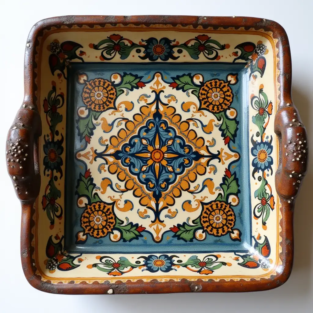 Square with rounded corners ceramic serving dish with embossed beautiful handle, antique and old, Qajar art, Iranian Tabriz carpet design