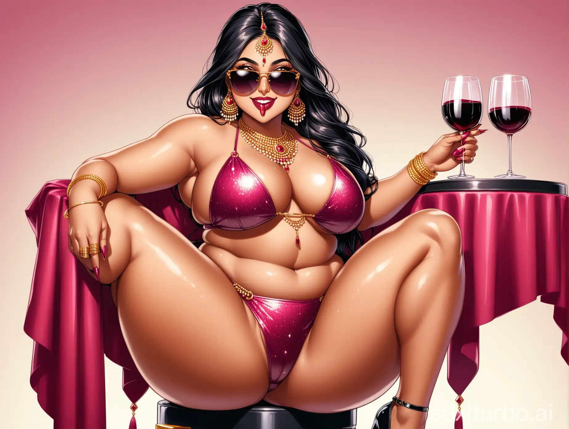 Stylish-Indian-Woman-in-High-Cut-Bikini-with-Jewelry-Enjoying-Steak-and-Wine