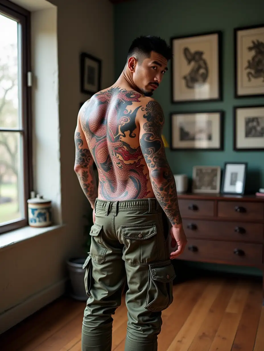 Japanese-Man-with-Traditional-Dragon-Tattoo-in-Camouflage-Pants