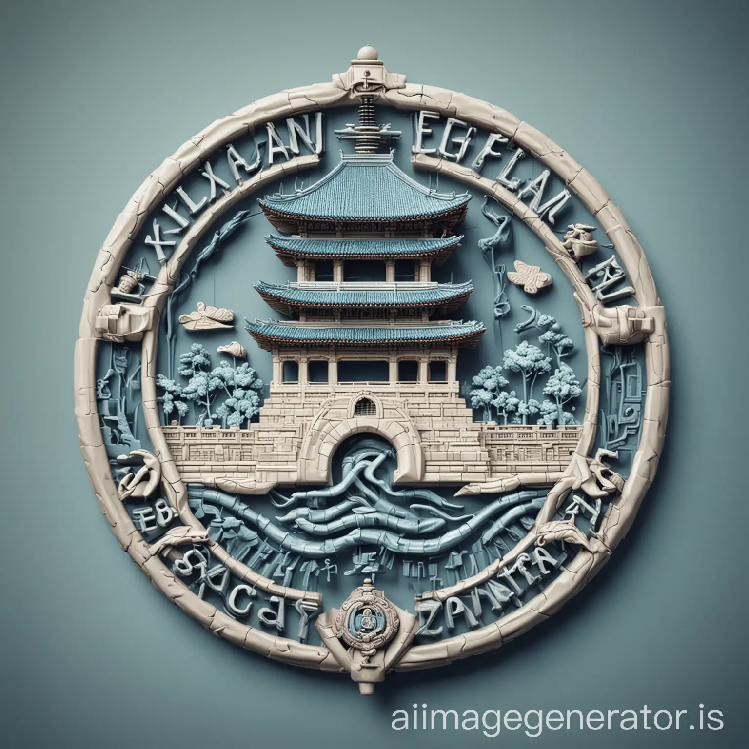 Generate a logo image related to Xi'an Traffic University, Basic Medicine, Medical Instrumentation Cross, International Summer School, with snake staff, gear, Xi'an Traffic University elements, no background, simple style, blue tone. Add some Xi'an elements, like the Big Wild Goose Pagoda, city wall