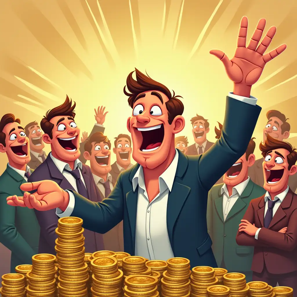 Cartoon people grabbing wealth and laughing with squinty eyes