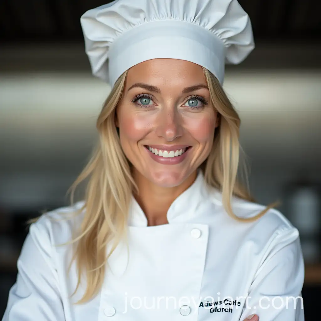 Smiling-American-Female-Chef-in-White-Uniform-with-Blue-Eyes-in-Kitchen