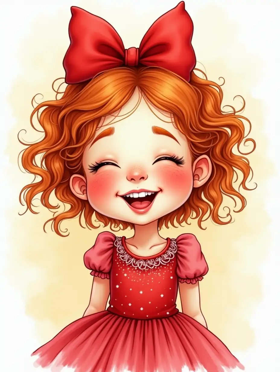 AA caricatured tender funny girl in full growth, European appearance DreamWorks reddish curls, drawing of eyelashes, closed eyes, rosy chubby cheeks with freckles, plump lips laughing. On her head there is a large red bow, dressed in a red fluffy dress with sparkles, moaningflower, ink drawing, 4k, high detail photorealistic airy realistic watercolor, photorealism, wide strokes,