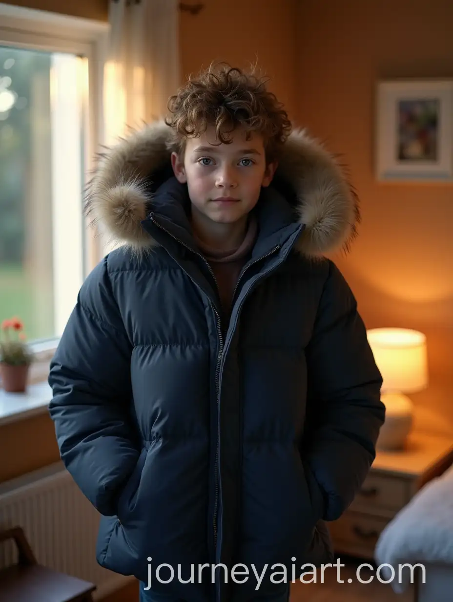 13YearOld-Boy-in-Thick-Puffy-Navy-Winter-Coat-in-Sunny-Bedroom