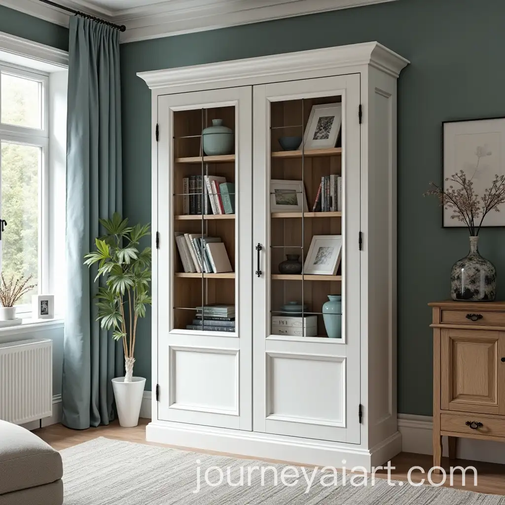 Elegant-Minimalist-Dark-Oak-Bookrack-with-Stained-Glass-in-Luxurious-Open-Plan-Room