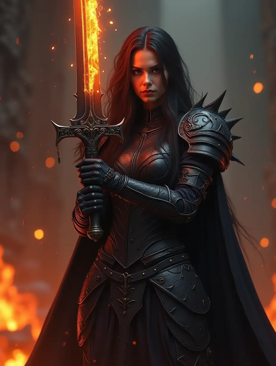 Realistic women with black scary armor, Holding fire Sword,human face,long hair, perfectly detailed on dragon armors,Super detail face,high details on face,realistic face, character highly detailed, character sheets, Detailed, sharp focus, Super detailed full body, 32k resolution, Only a reality graphic,epic background,epic pose,horror,high resolution,Resonance,fire and ash background --niji --ar 9:16