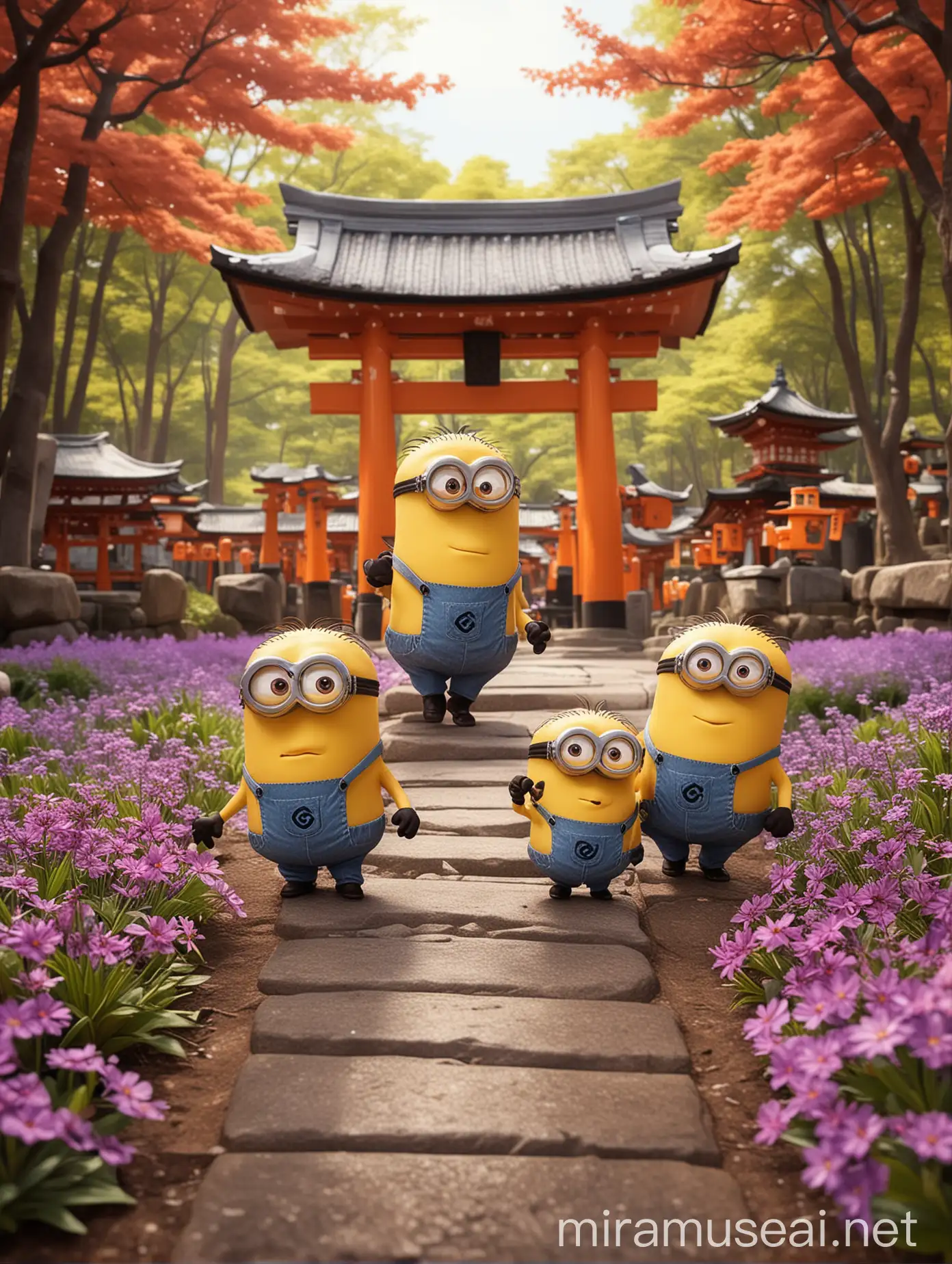 Four Cute Minions at Fushimi Inari Taisha Shrine in Japan