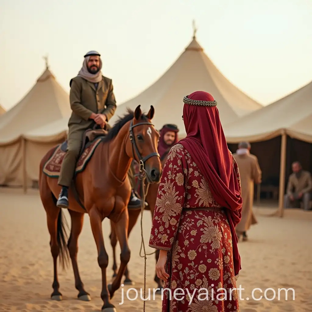 Bedouin-Tribe-Tents-and-Beautiful-Women-in-Traditional-Arabic-Clothing-with-Embroidered-Horses