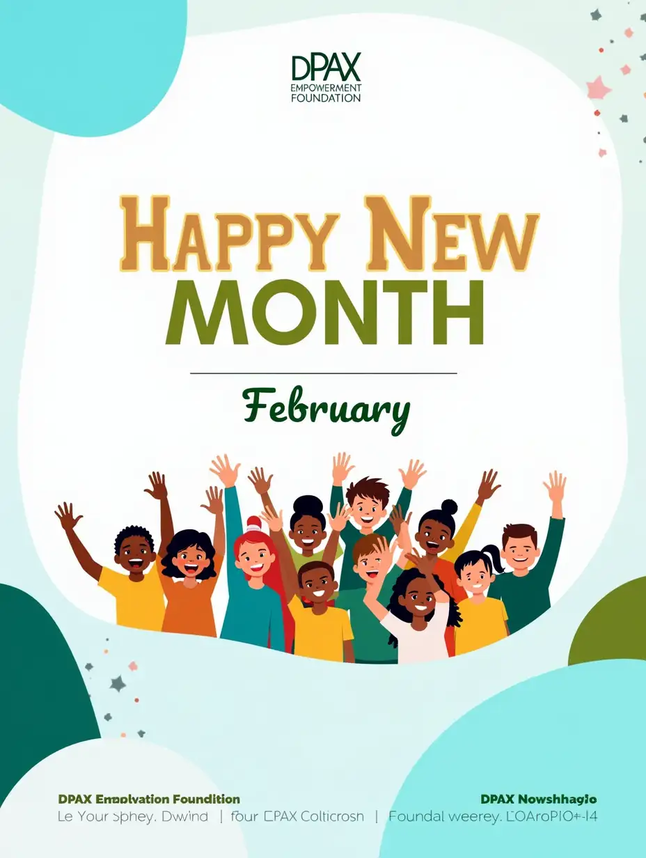 A sleek and vibrant 'Happy New Month – February' graphic post for DPAX Empowerment Foundation. The design features a group of cheerful children of diverse backgrounds, waving and smiling with excitement, symbolizing joy and hope. The background is modern and clean, predominantly using light blue, with accents of teal, orange, and white to align with DPAX’s brand identity. The typography is bold and elegant, with 'Happy New Month – February' displayed prominently in a warm and welcoming style. The overall design conveys positivity, empowerment, and unity, perfectly reflecting DPAX’s mission to uplift and inspire children through education and community support.