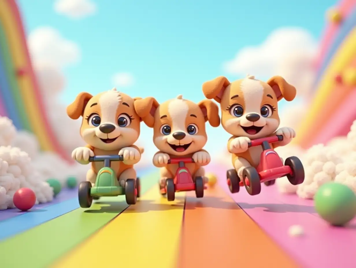 A playful 3D animation of a group of puppies on a wild adventure, riding tiny scooters down a rainbow-colored hill. With their floppy ears flapping in the wind, they race each other, giggling (if puppies could giggle!) and dodging fluffy clouds that float by. Their playful energy fills the screen as they make it to the bottom, tumbling into a giant pile of soft, bouncy balls