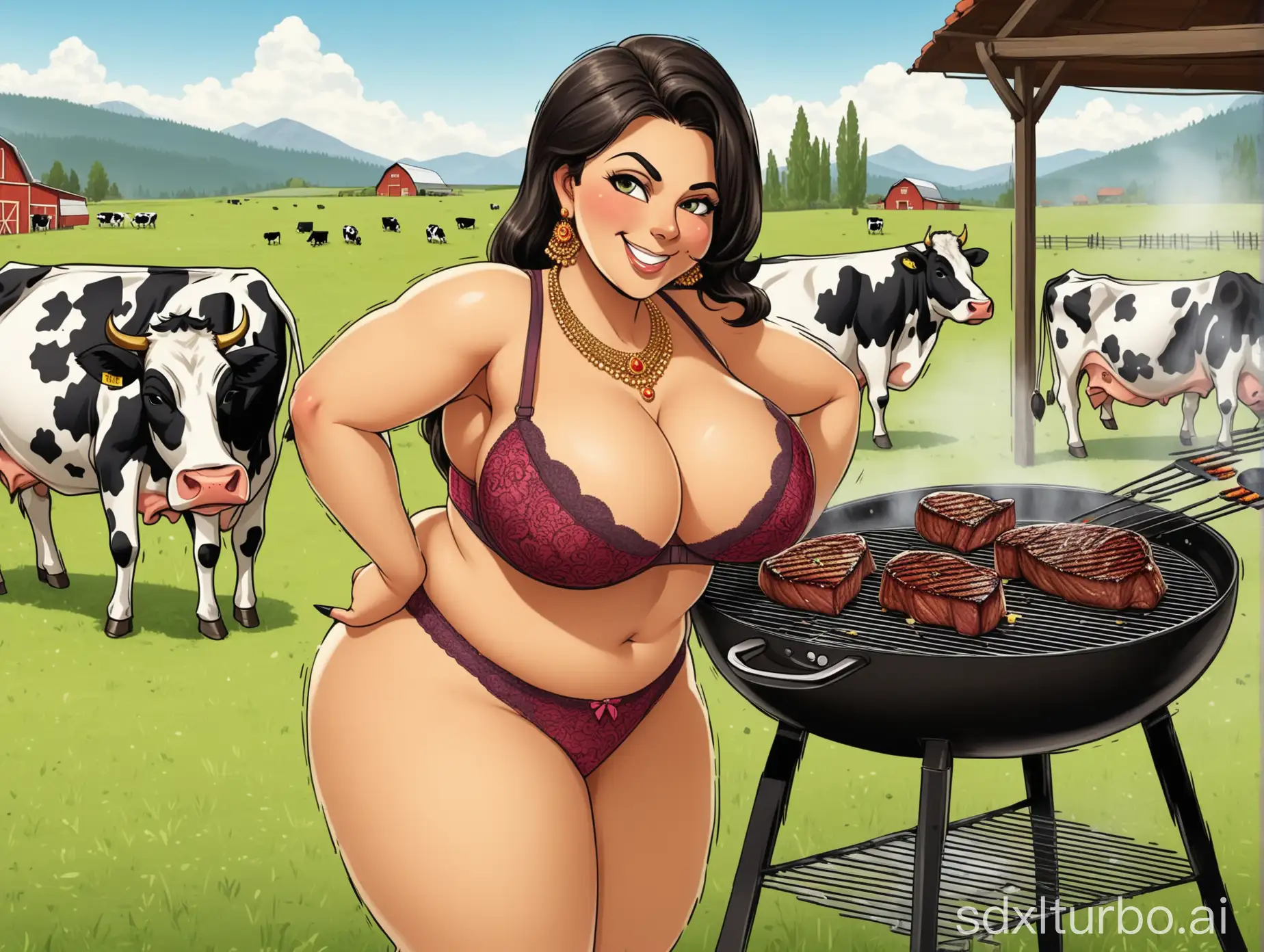 Indian-Woman-Cooking-Steak-on-Farm-with-Cows-Grazing