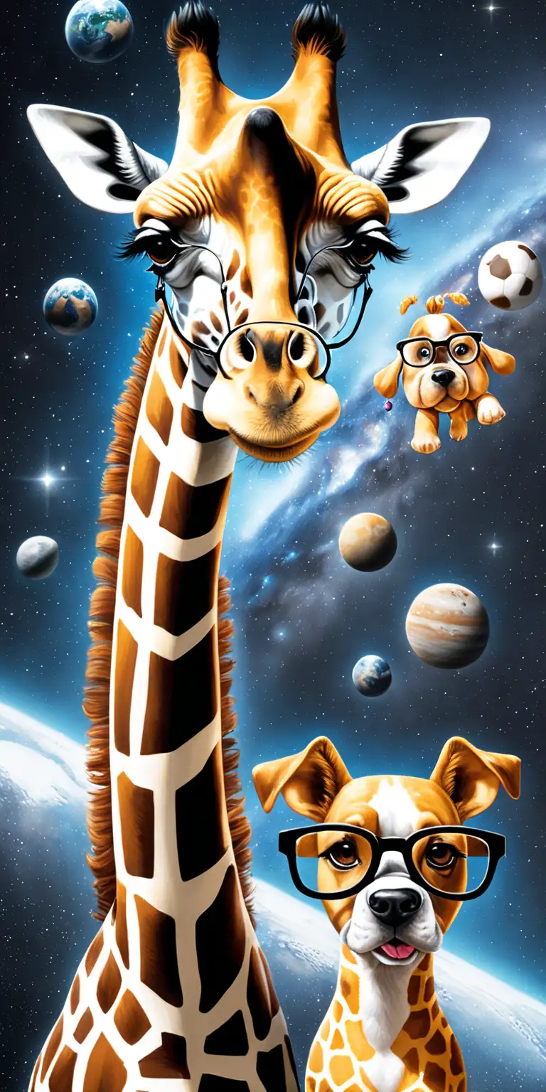 Giraffe Wearing Glasses and Dog in Space