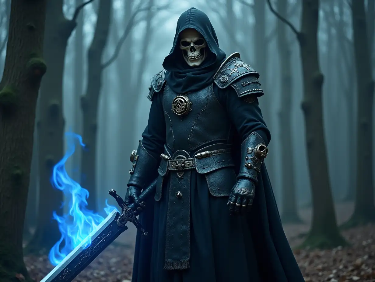 a full standing man with a skull mask and black hood and armor decorated with skulls holding a big sword lit with blue fire,  in a dead forest