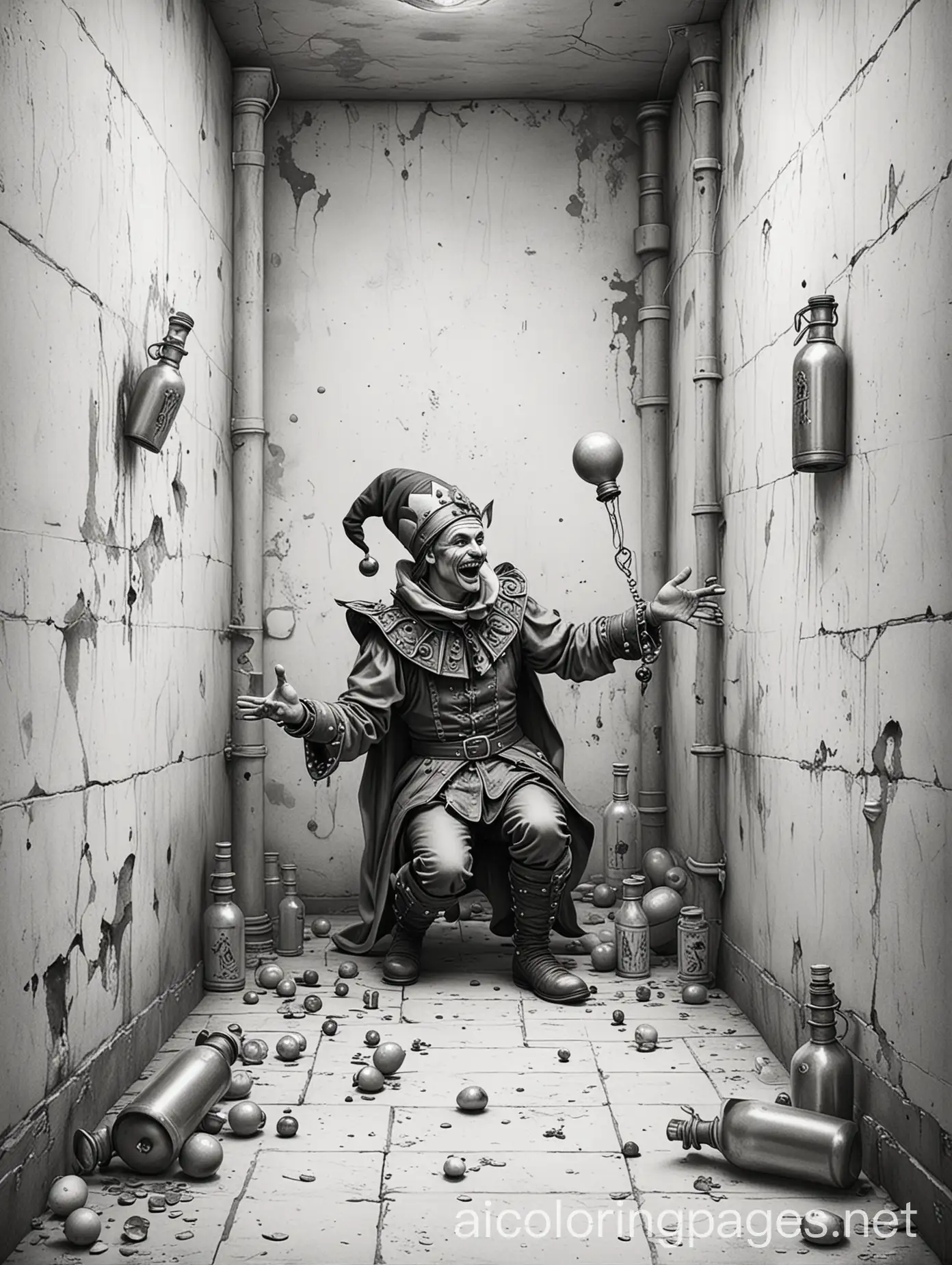 Ultra-Realistic-Abandoned-Prison-Cell-with-Royal-Court-Jester-Juggling-Bottles-Coloring-Page