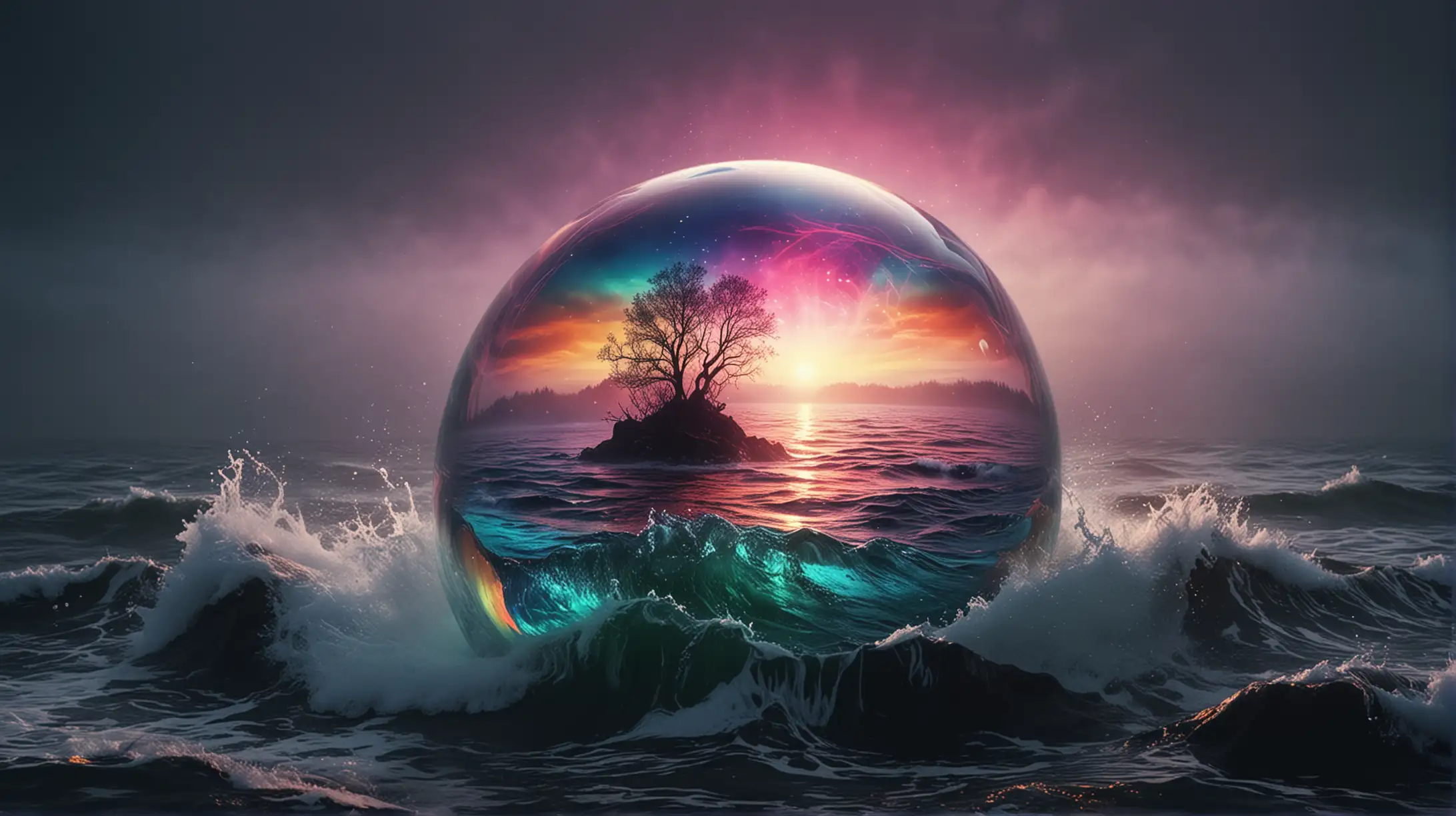 Psychedelic Vision Colorful Transparent Sphere Falls into Troubled Sea at Night