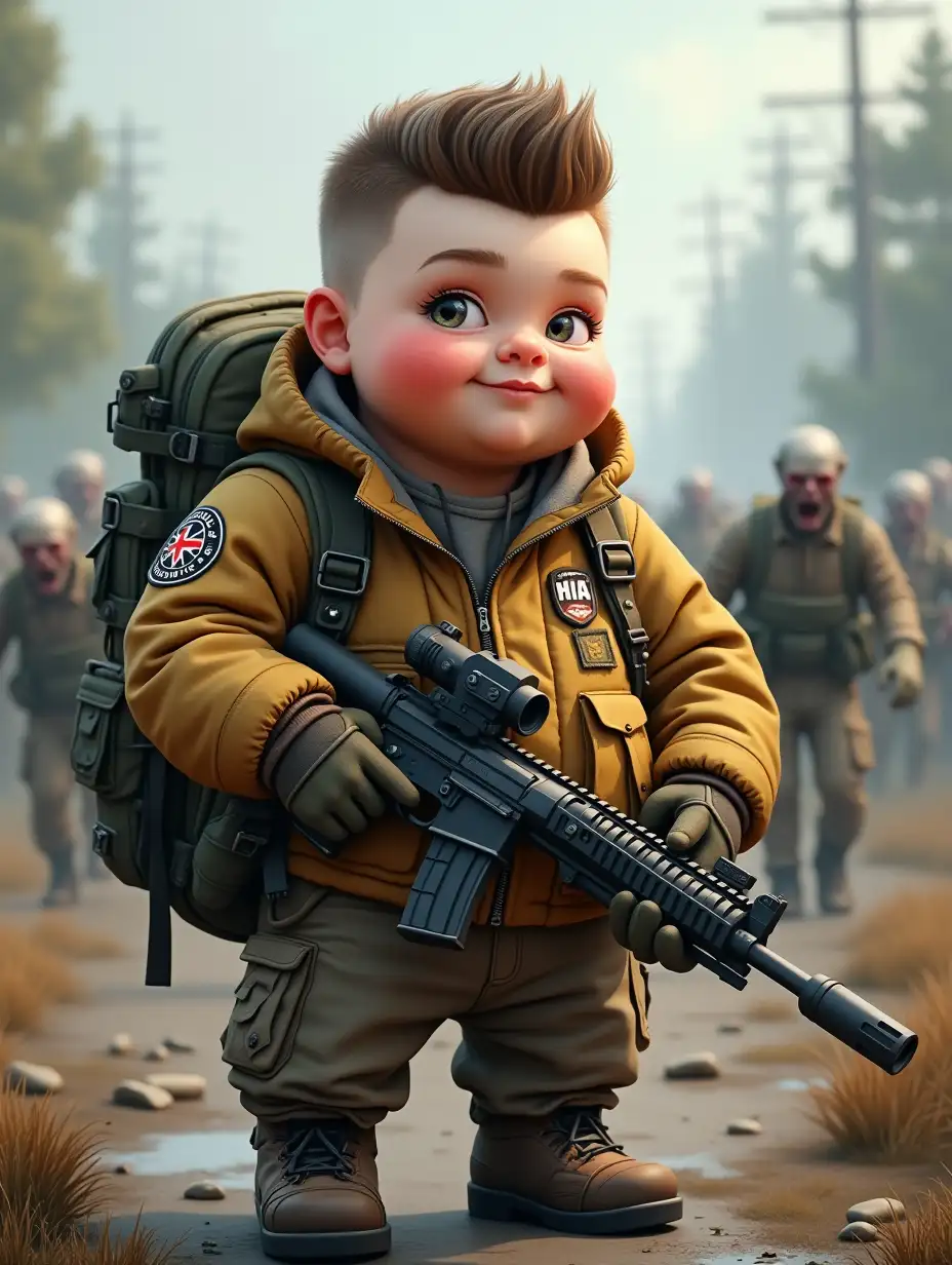 cute chubby, fat teenage boy, with a very short hairstyle, big cheeks, big booty, small eyes, in survivalist clothes, an emblem with the inscription 'Vova' on his jacket, take a backpack, against the background of a post-apocalyptic world, a flock of zombies runs into it, an M4a1 machine gun in his hands, sticker style