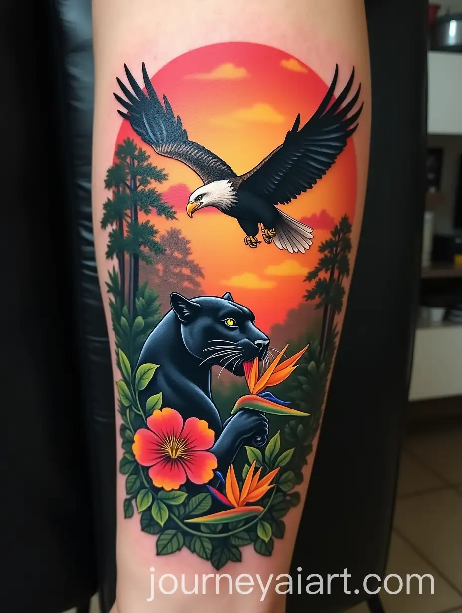 Realistic-3D-Jungle-Sunset-Tattoo-with-American-Eagle-and-Black-Panther