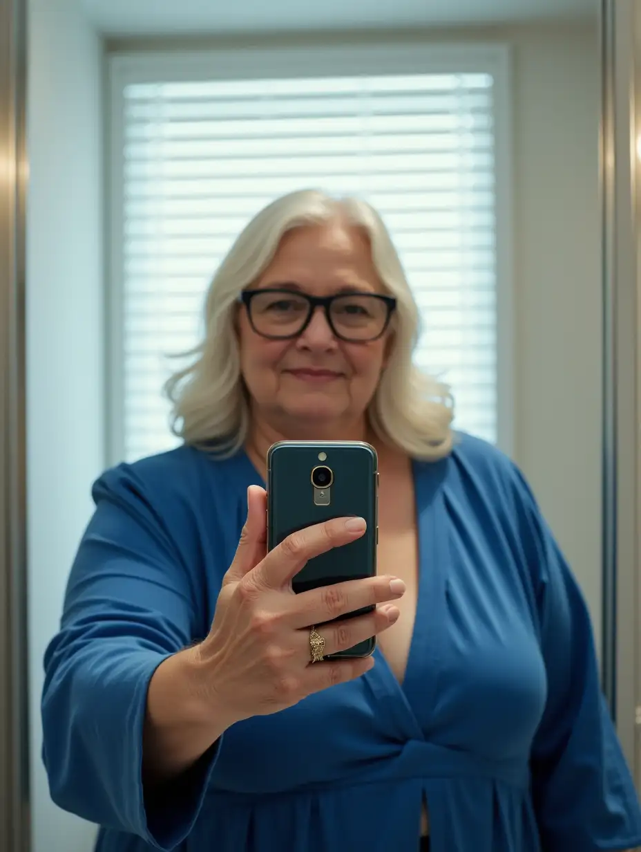 A full-body mirror selfie taken from a first-person perspective. A CURVY 60 years old woman stands facing in front of the mirror, (VERY DISSOLVED AND LOOSE BLUE ROBE AROUND THE BUST, NO BRA, NO SHIRT, glasses), . Her platinum blonde hair falls over her shoulders. She holds a phone outstretched, capturing her reflection. The hand with the phone hides her face. (The fitting room for clothes in a store is bright with a light featuring white blinds in the background.), The mirror frame and wall are visible, creating an intimate bathroom setting., (day lighting), HD, vivid colors, detailed portrait. No fogging, 8k, ultra hd photorealistic full height 8k, 