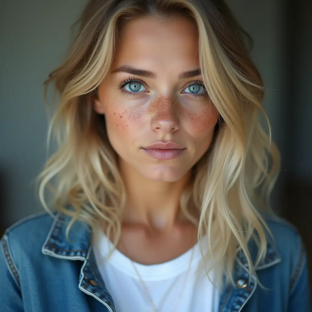 A close-up portrait of a young blonde woman with blue eyes and freckles, wearing a white t-shirt under a blue jacket, with her hair falling over her shoulders, in the style of a soft, dreamy portrait with a shallow depth of field, 8k resolution, realistic lighting