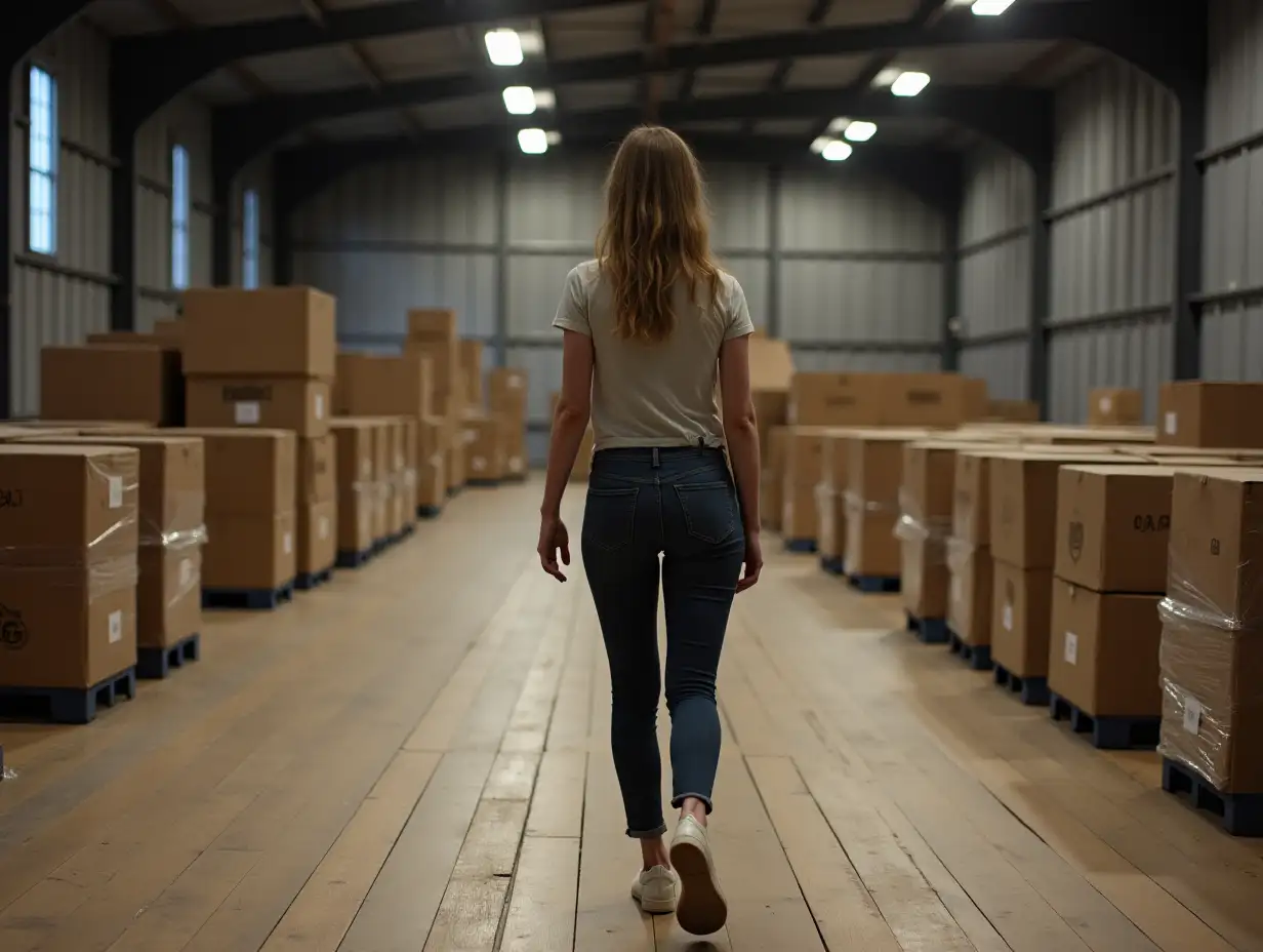 A woman walks down a wooden floor in a warehouse setting