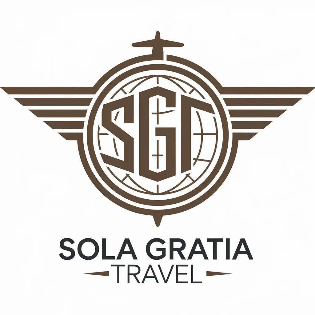 LOGO-Design-for-Sola-Gratia-Travel-Main-Symbol-with-Mundus-Imagery-World-Aircraft-and-SGT-Letters