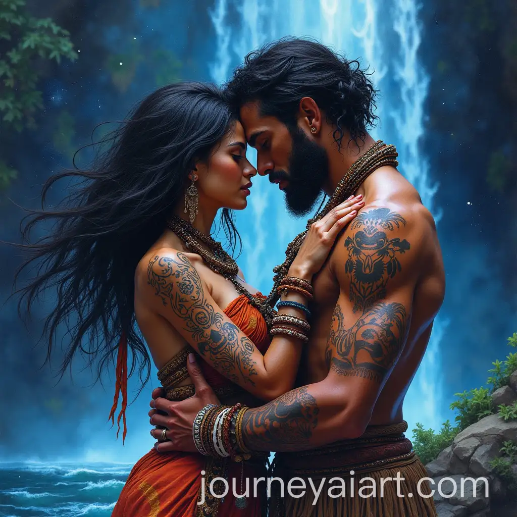 African-Shamanic-Goddess-Embraced-by-Indigenous-Man-with-Cosmic-Night-Sky-and-Waterfall