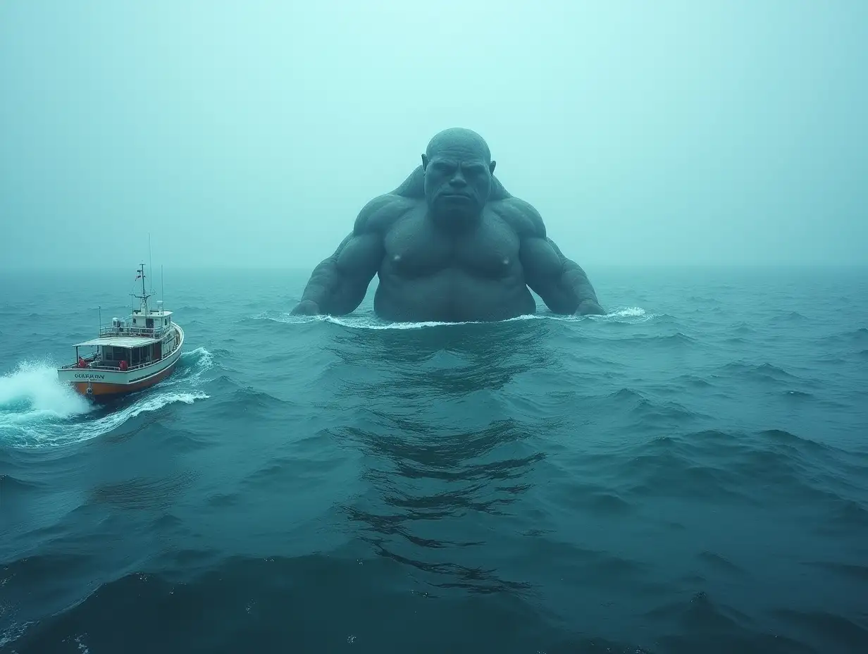 a giant is swimming in the middle of the sea with moderate water depth. On the side, a small boat can be seen. Big waves.