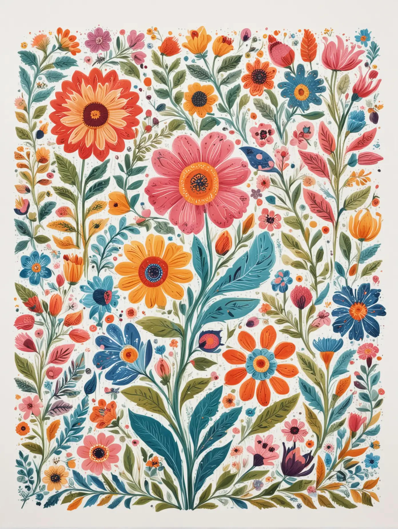 Bright Pastel Folk Art Flowers on White Background