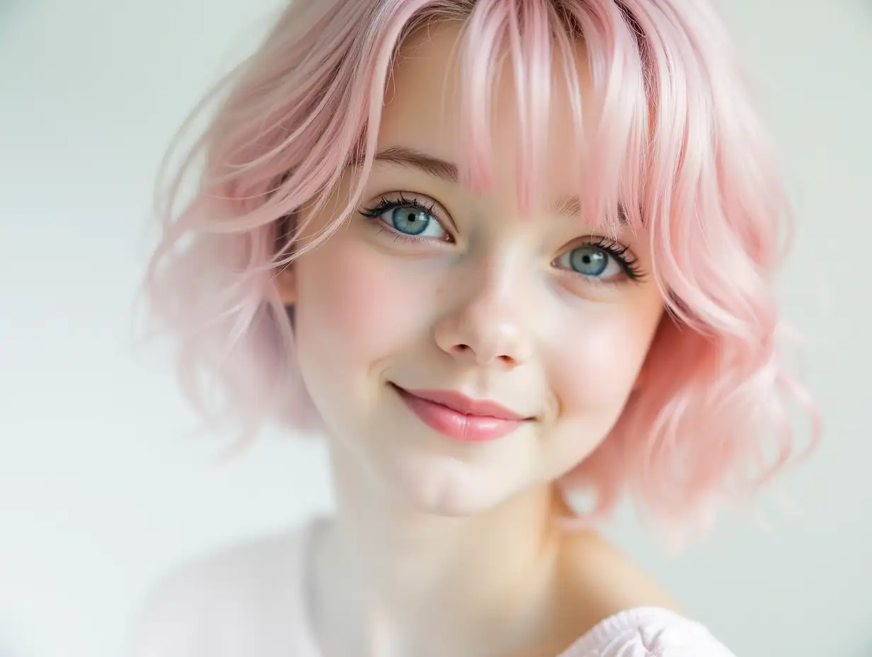 The image is a close-up portrait of a young girl face. She is cute smiles. The woman has a pale complexion and her eyes are a deep blue color. Her hair is light pink clor with medium short length styled in that down her back, creating a romantic look. The background is a soft white, making the woman's features stand out even more. The overall mood of the image is dreamlike and surreal.