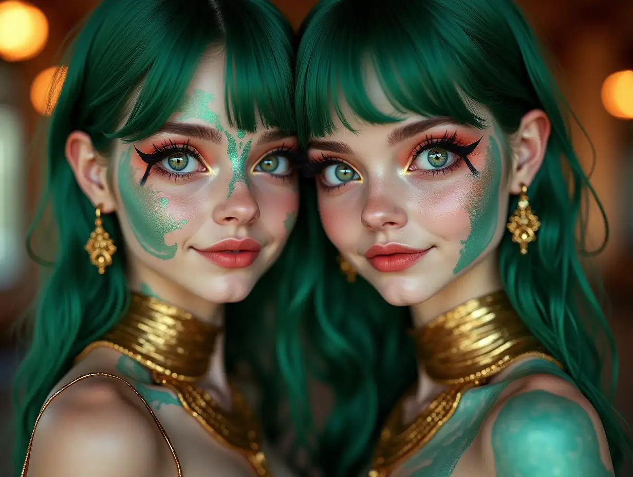 Two young black and white patternnGirls with alien face,withngreen hair, with a slightnsmile on her face,emphasizesher smile, modern retronjewelry,in a temple much goldndifferent shades 4k