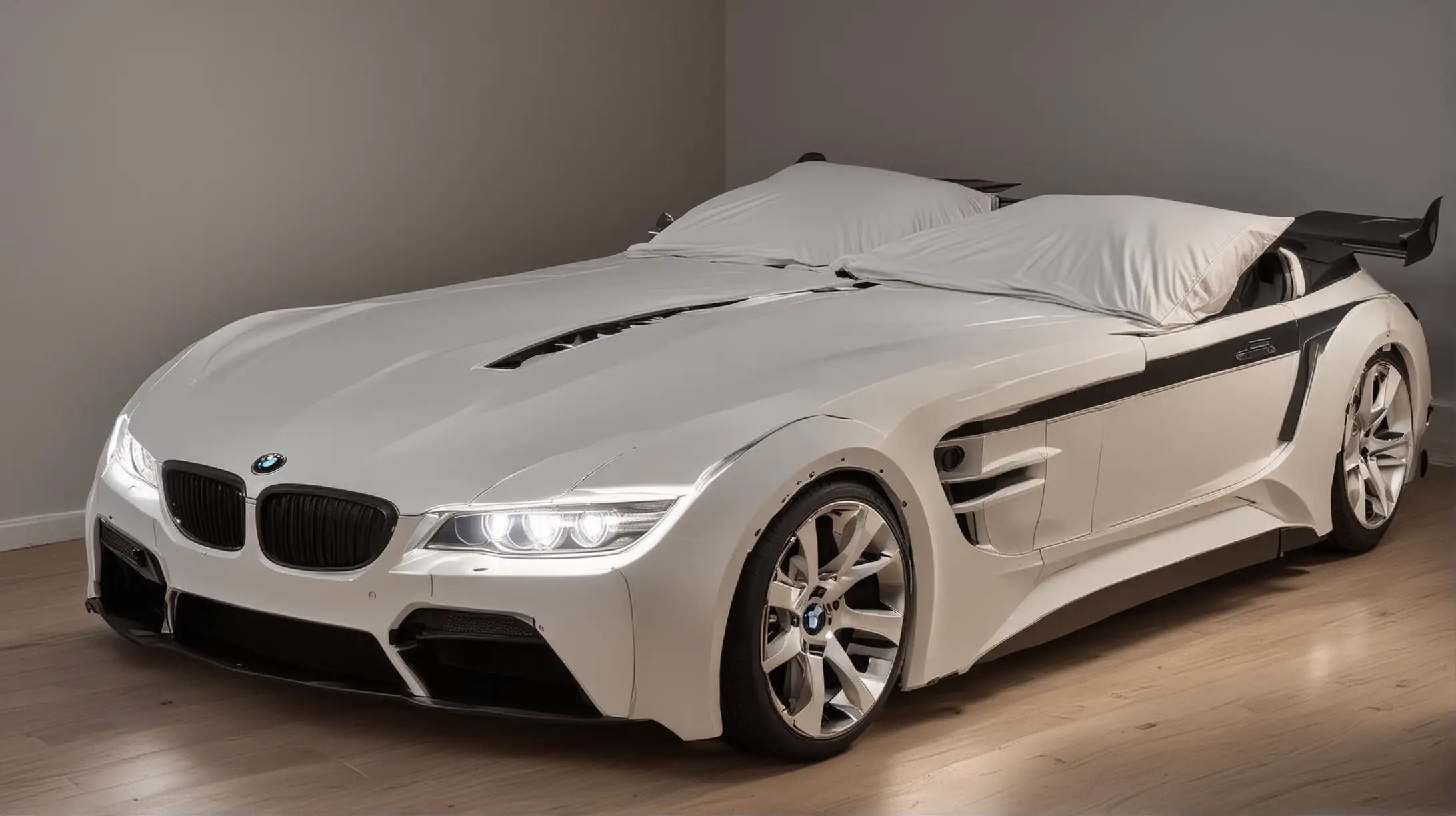 Luxurious Double Bed Shaped like a BMW Car with Headlights On