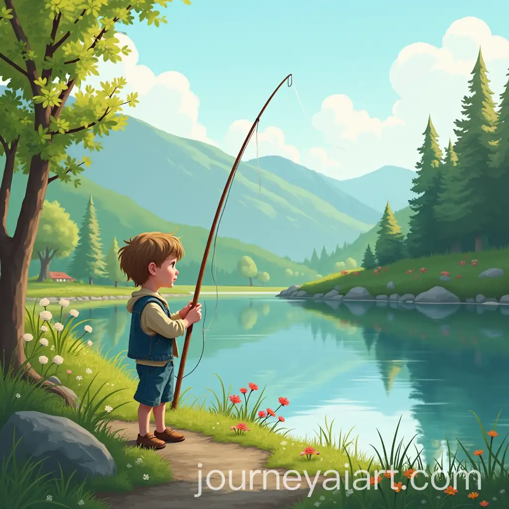 Curious-Boy-Going-Fishing-at-Spring-Lake-in-Picturesque-Village