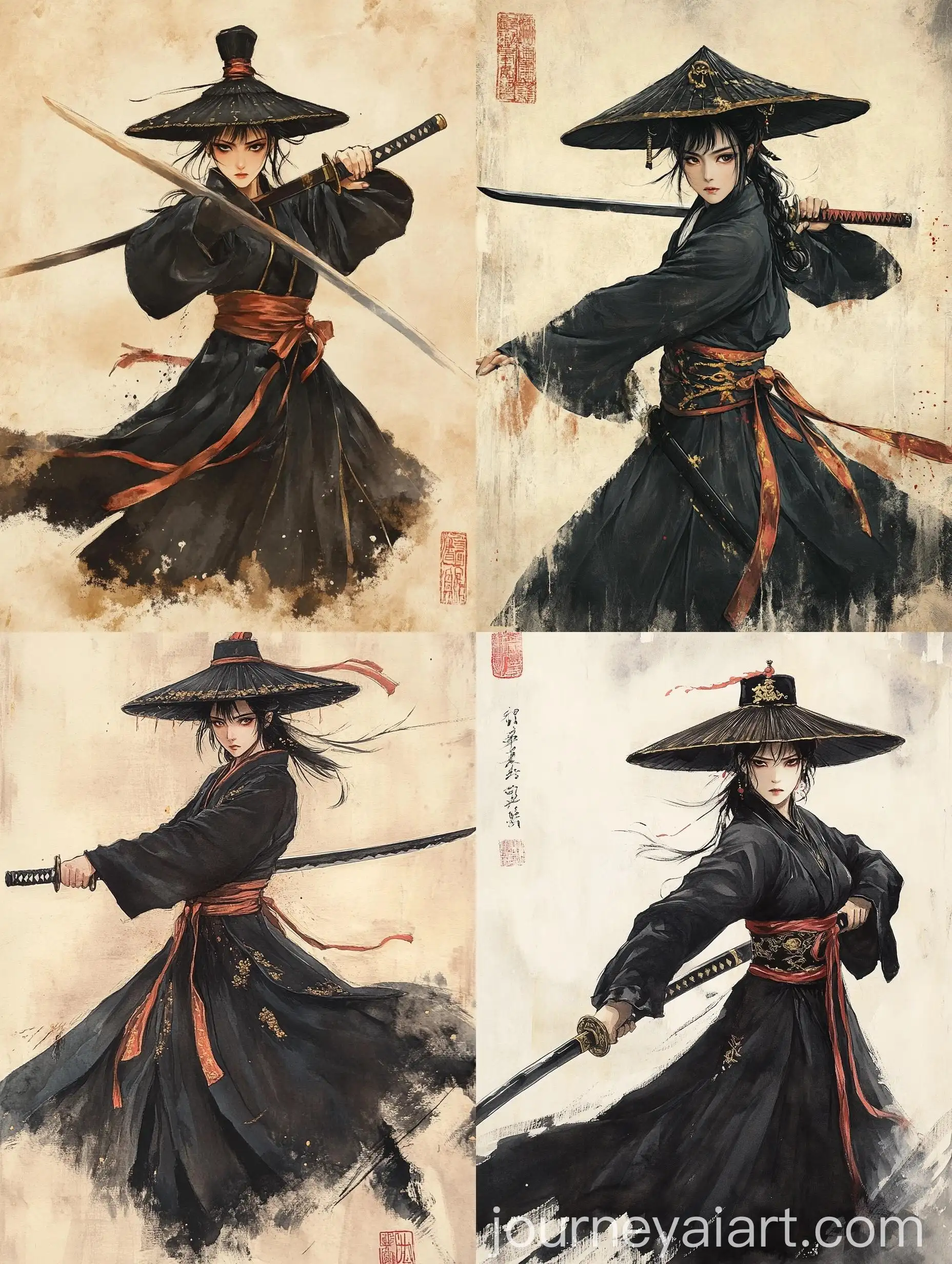 Grim-Female-Warrior-in-Black-Clothes-Holding-Sword