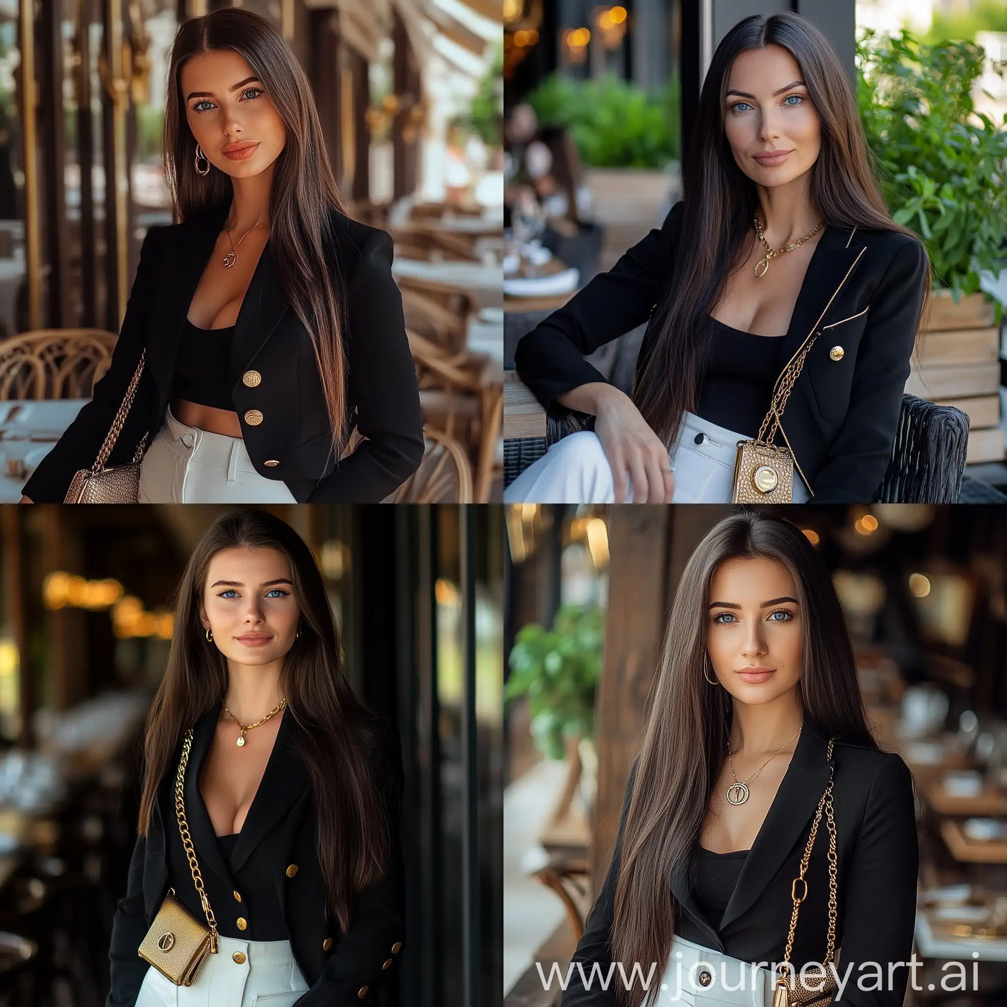 Elegant-Woman-in-Black-Blazer-and-White-Pants-at-Summer-Restaurant-in-Minsk