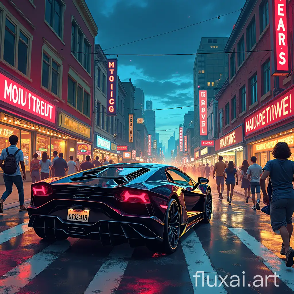 High-definition illustration, conceptual artwork. Depiction of chaos on Main Street, with a black sports car crashing, people running, and neon signs flickering. Energetic and detailed scene capturing confusion. Stylistics: vibrant colors, intricate details, immersive background. (weights: intricate details: 1.8, vibrant colors: 1.8, immersive background: 1.8)