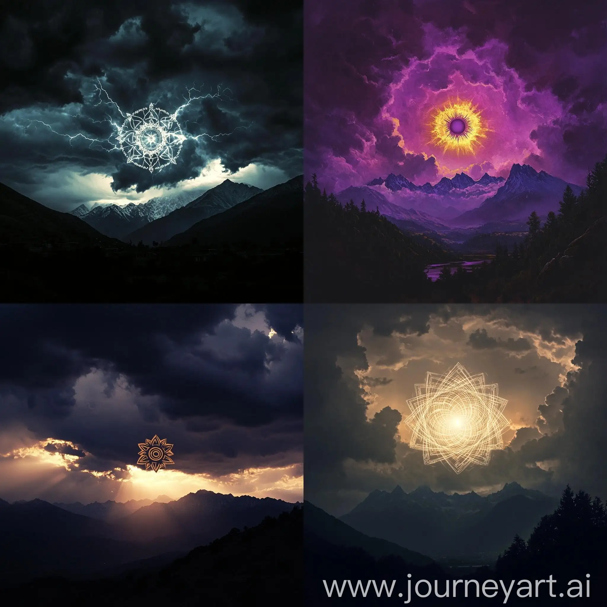 Silhouette-of-Sudarshan-Chakra-in-Thunderous-Sky-with-Mountain-View