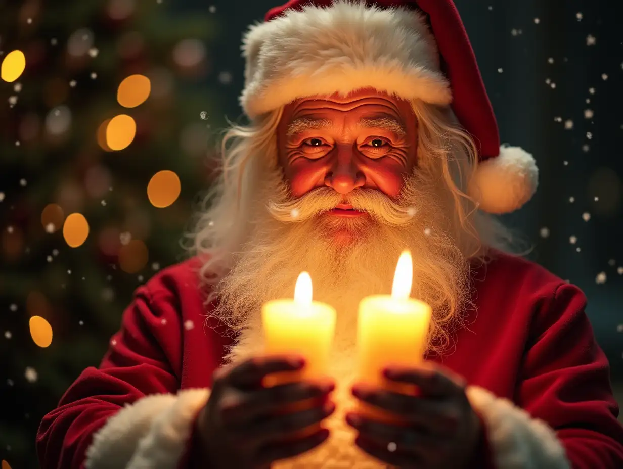 enchanting portrait of santa claus holding glowing candles twinkling snowflakes falling around him warm golden light illuminating his kind eyes and rosy cheeks